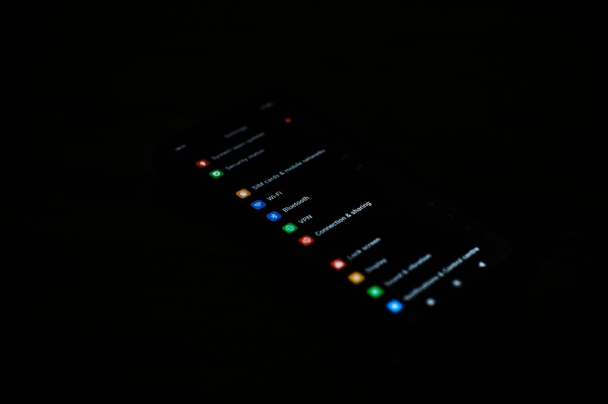 Smartphone settings screen in the dark
